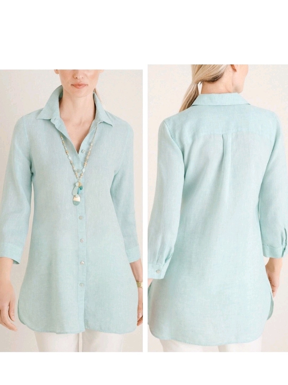 Chicos Mint Green Non-Iron 100% Linen No Iron 3/4 Sleeve Tunic (16/18